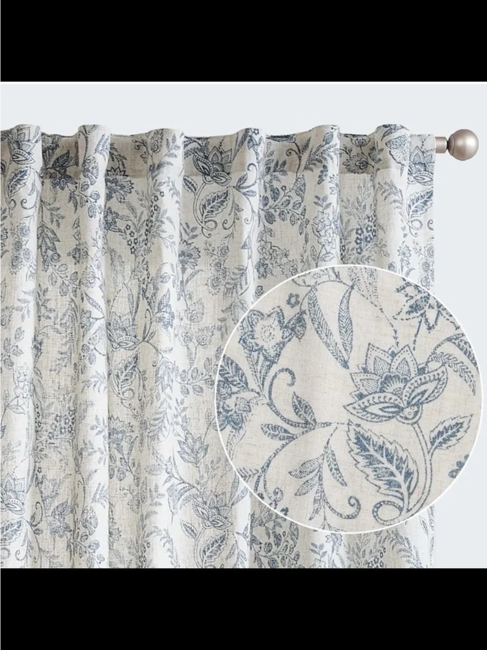 Floral Print Grommet Curtain Panel in Blue and Cream